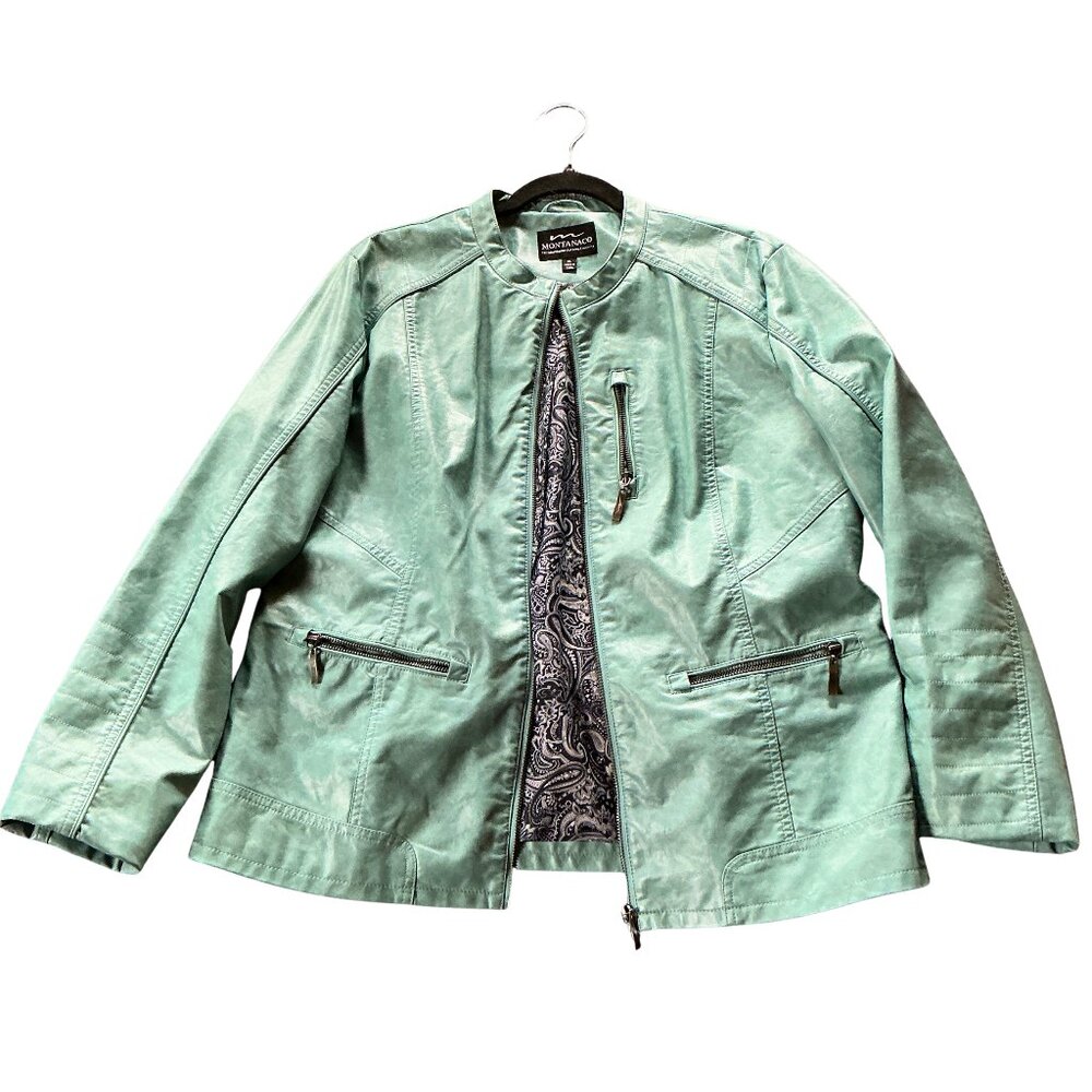 MontanaCo Teal Faux Leather Jacket Zipper Pocket Water Resistant